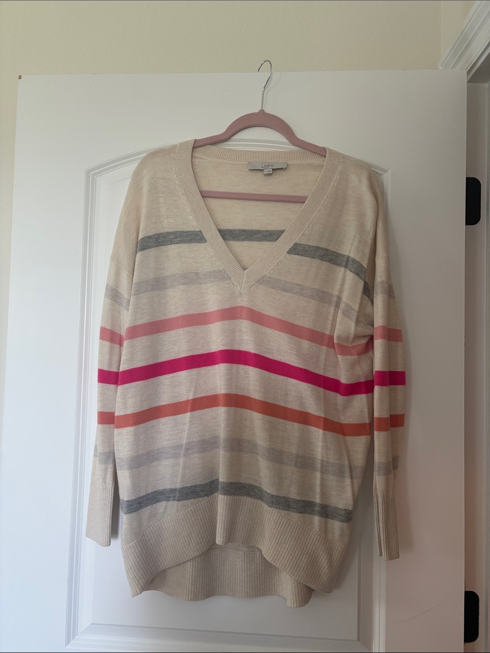 LOFT Cream V-Neck Sweater with Pink and Gray Stripes